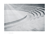 A black-and-white architectural shot of the rationalist amphitheatre in Carbonia. Sharp lines and a precise look that's typical of 1930s architecture in Sardinia.