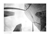 Fine art black-and-white print of the Isozaki Tower, Hadid Tower, and Libeskind Tower in Milan’s CityLife district. Architectural photography taken with a fisheye lens that distorts the exterior metal