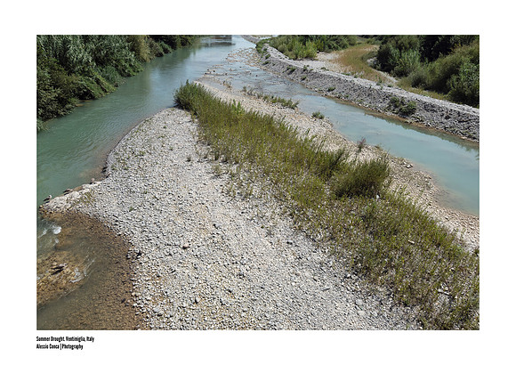 Fine art print of the Roia bed in Ventimiglia, with the caption “Summer Drought” in the League Gothic font